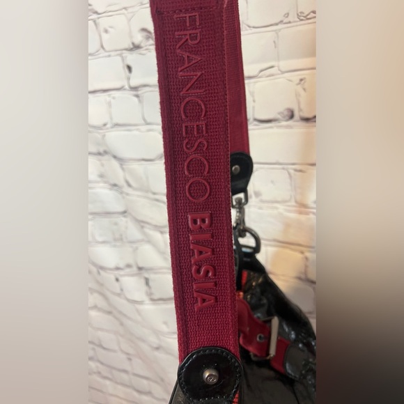 RARE FRANCESCO BIASIA BLACK RED LEATHER SHOULDER MESSENGER BAG - Picture 12 of 14